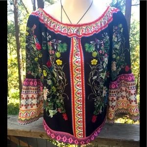 Umgee  bohemian style bell sleeve top , flower detailed top
